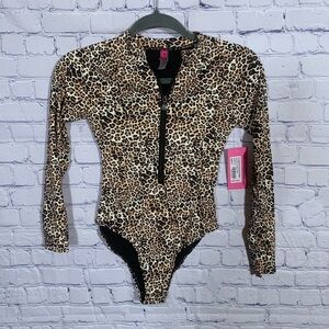 Betsey Johnson Womens One Piece Long Sleeve Scuba Zip Up Swimsuit Leopard S NWT